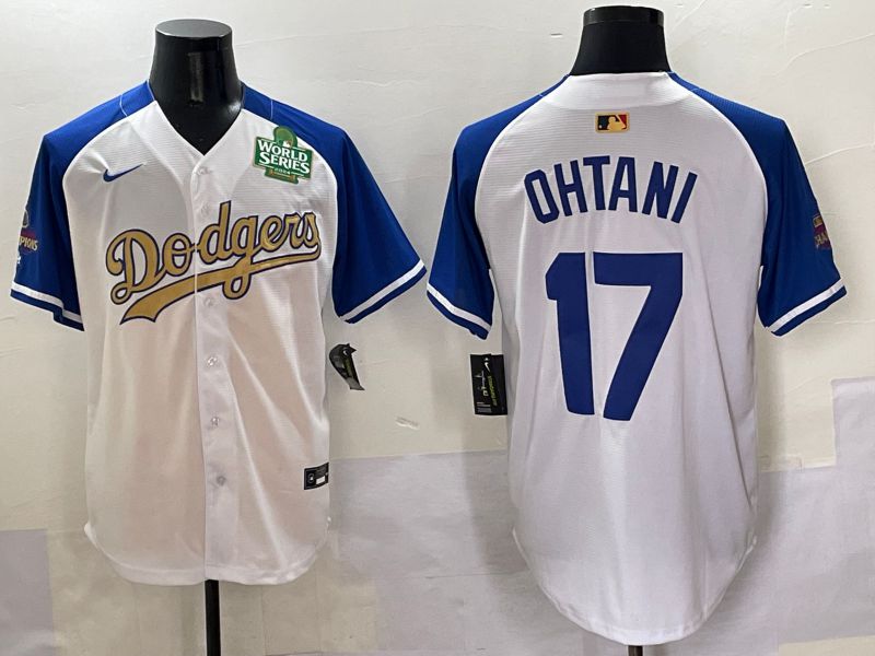Men Los Angeles Dodgers #17 Ohtani White Blue Champion gold character Nike 2025 MLB Jersey style 50514->los angeles dodgers->MLB Jersey